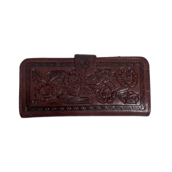 Vtg. Genuine Leather Tooled Flower Brown Multi Card Change Mirror Bi-Fold Wallet - Picture 2 of 9